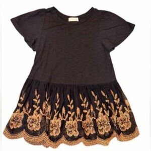 Altar’d State Women’s t-shirt with an Floral Embroidered Black and Gold bottom